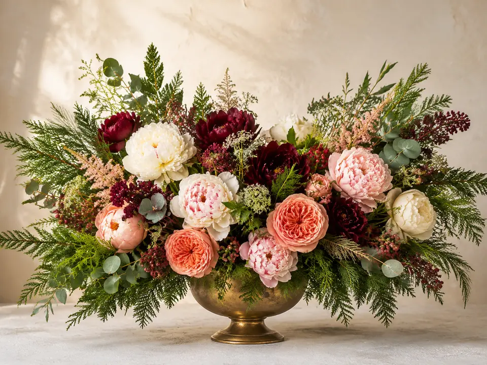 Sample large garden bouquet with ivory, coral and burgundy flowers