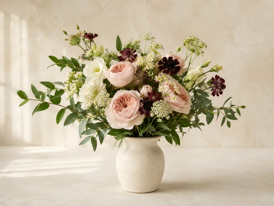 Sample small garden bouquet in blush, cream and burgundy flowers